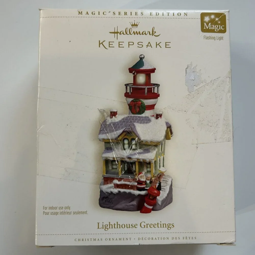 Hallmark 2005 Lighthouse Greetings Ornament Flashing Light Magic Christmas